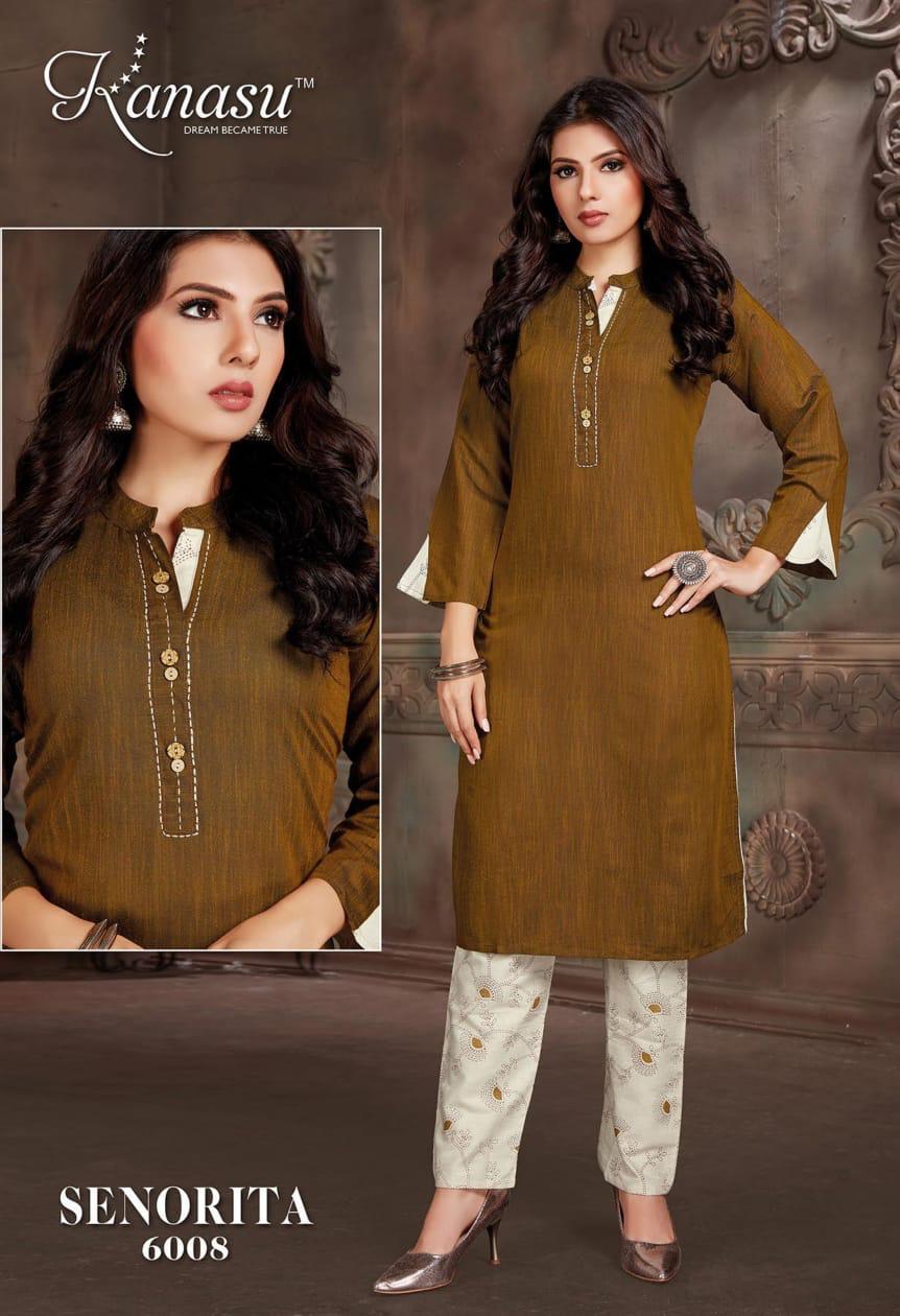 Kanasu Senorita Regular Wear Rayon Designer Kurti With Bottom Collection